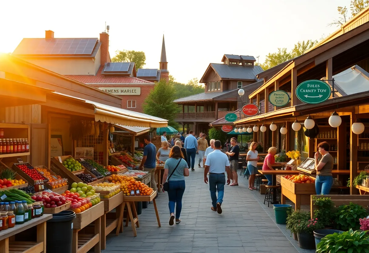 Farmers market and eco-friendly shops in Aiken with farm-to-table café and solar panels