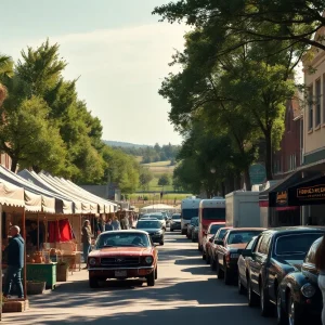 Downtown Aiken festival with artisan booths, classic cars and distant equestrian and golf scenes on a sunny afternoon