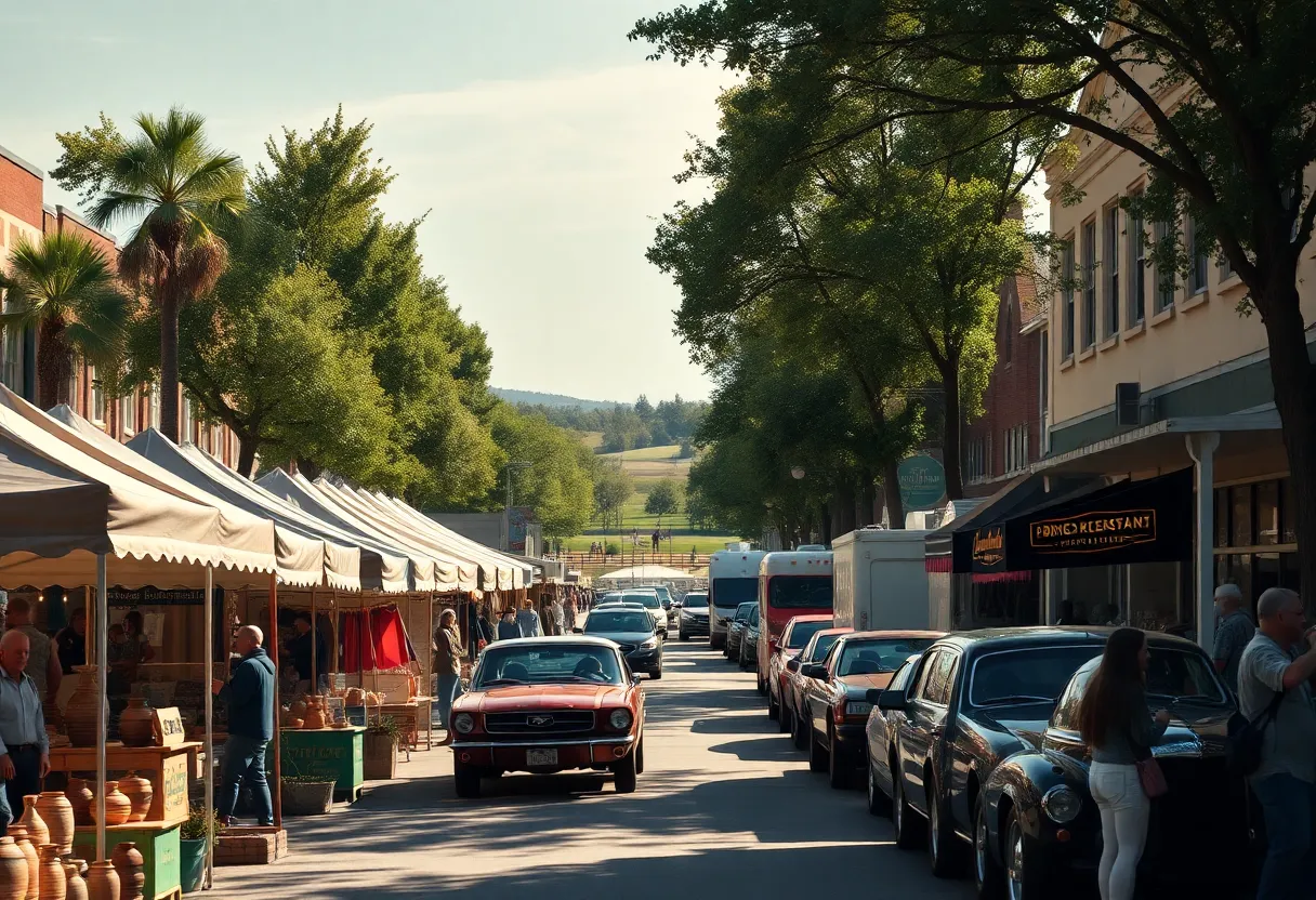 Downtown Aiken festival with artisan booths, classic cars and distant equestrian and golf scenes on a sunny afternoon