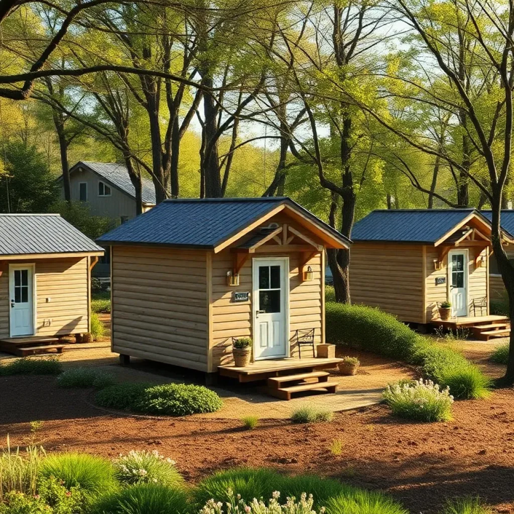 Conceptual image of a transitional tiny home community with small houses and landscaping