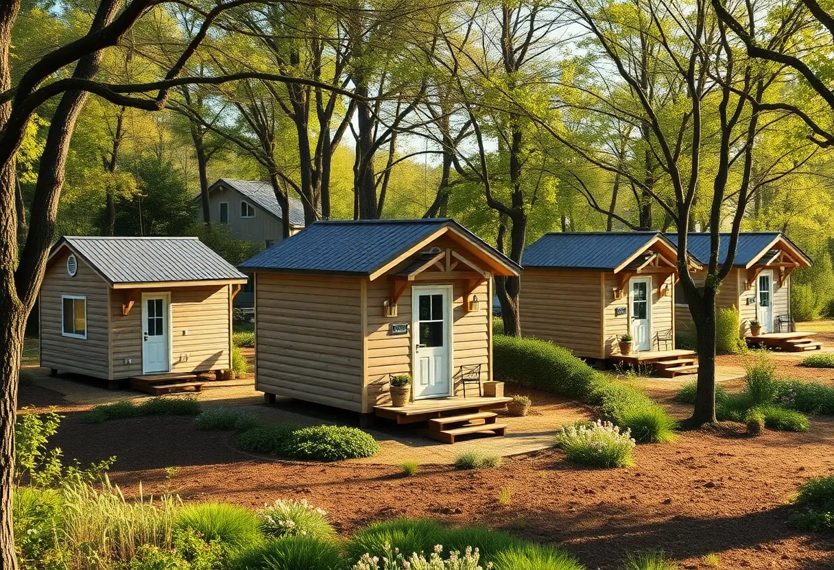 Conceptual image of a transitional tiny home community with small houses and landscaping