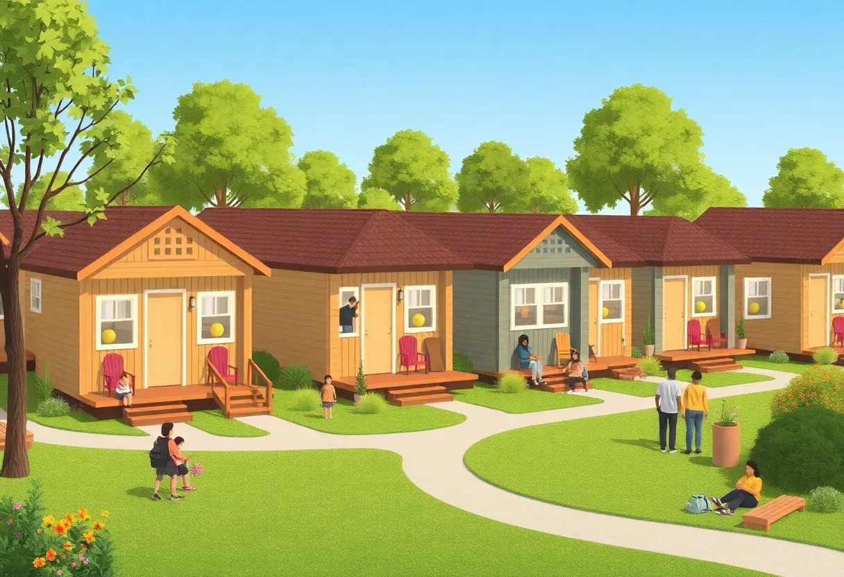 Conceptual image of a tiny home village for transitional housing
