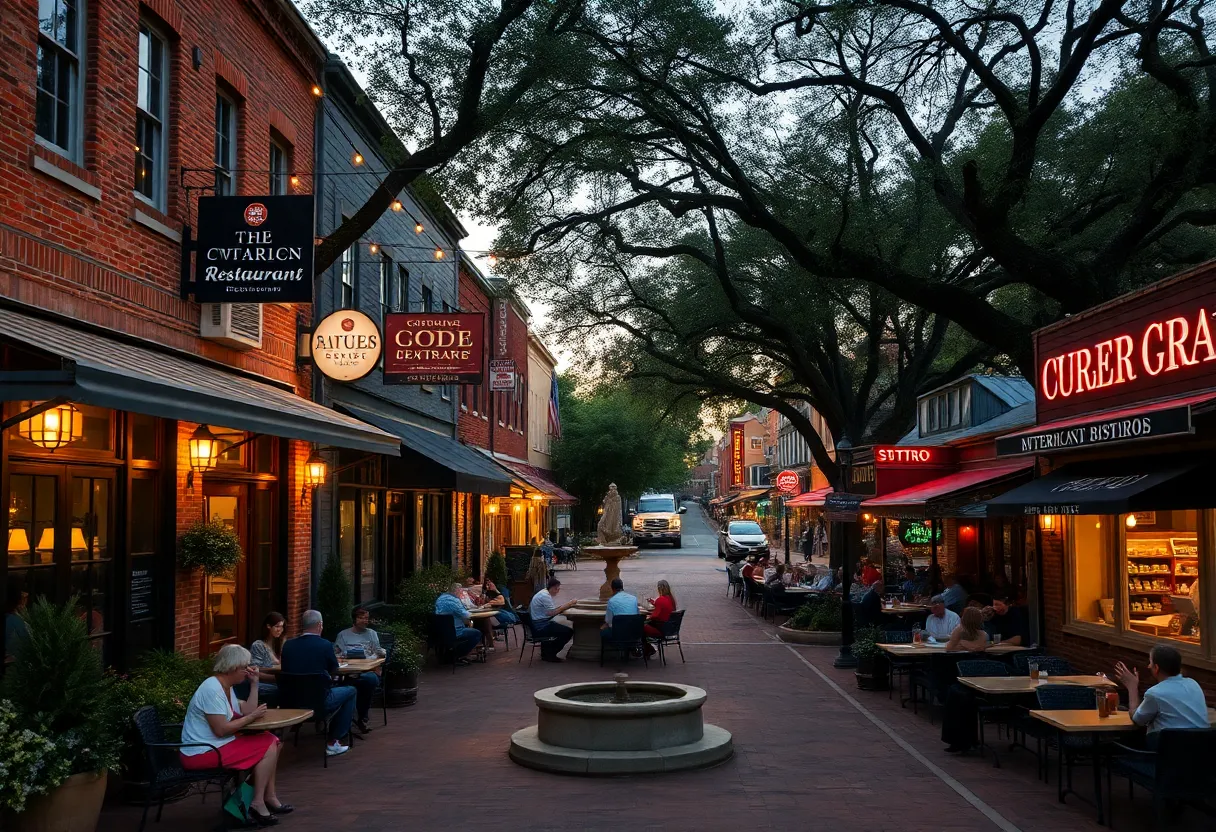 Evening streetscape showing restaurants, patios with string lights, and historic buildings in Aiken