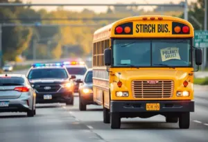 Police vehicles near a school bus on Interstate 20 during an arrest