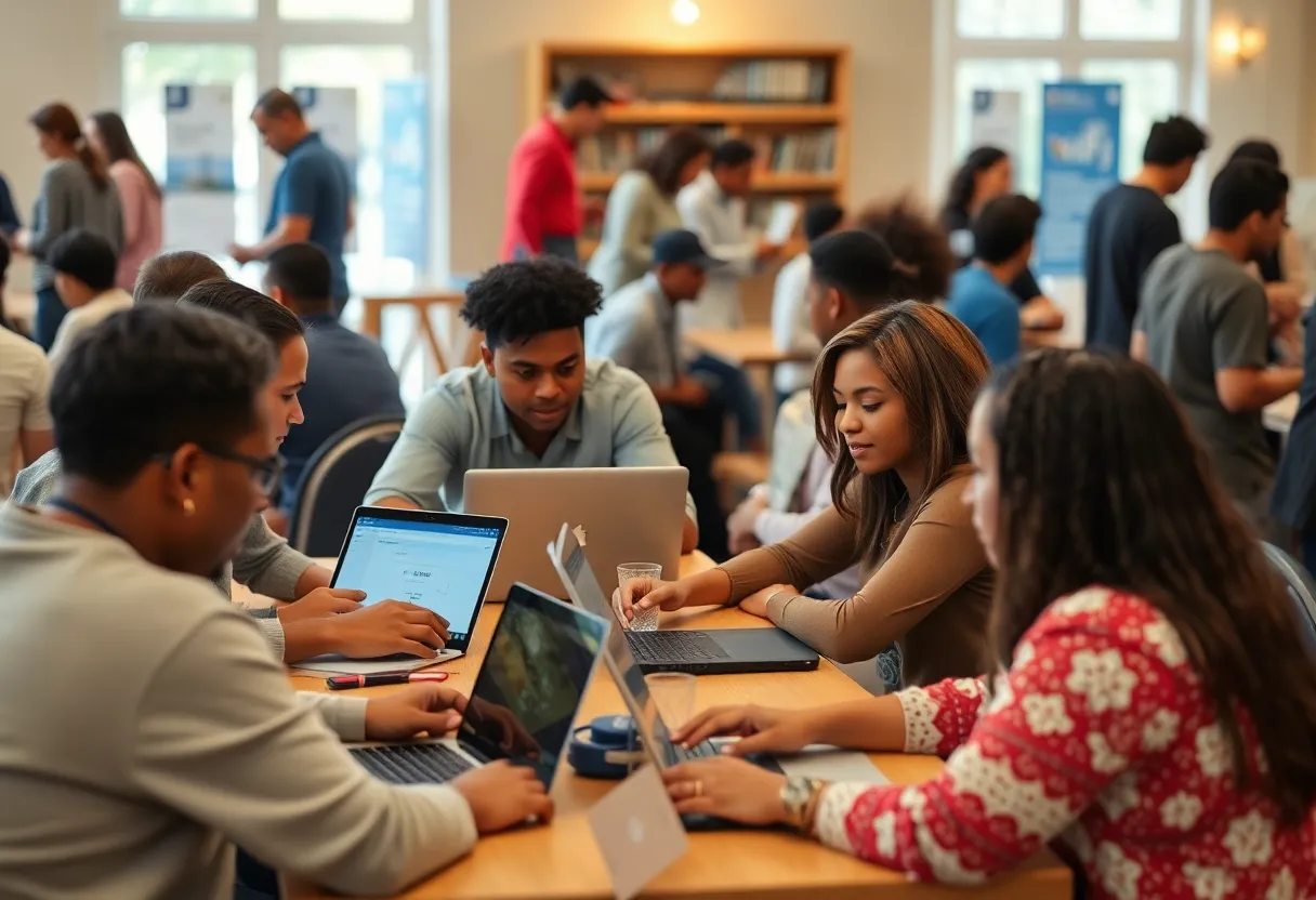 Community members engaged with laptops at the Lift Zone launch event.