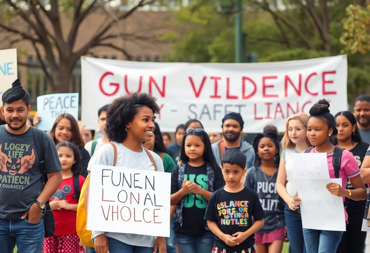 Families participating in a community event focused on gun violence awareness.