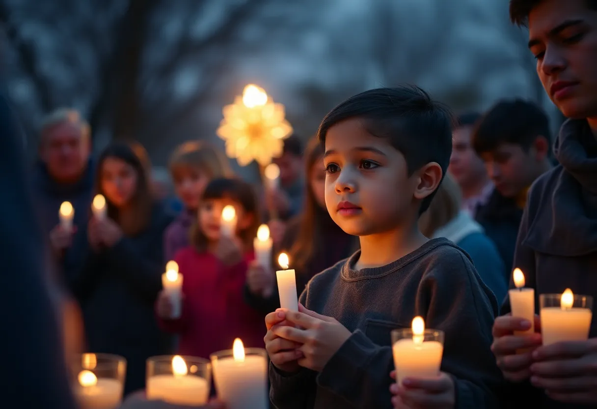 A candlelight vigil for a young boy, symbolizing community mourning.