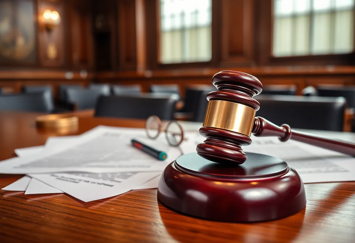 Symbolic courtroom scene representing justice and estate fraud.