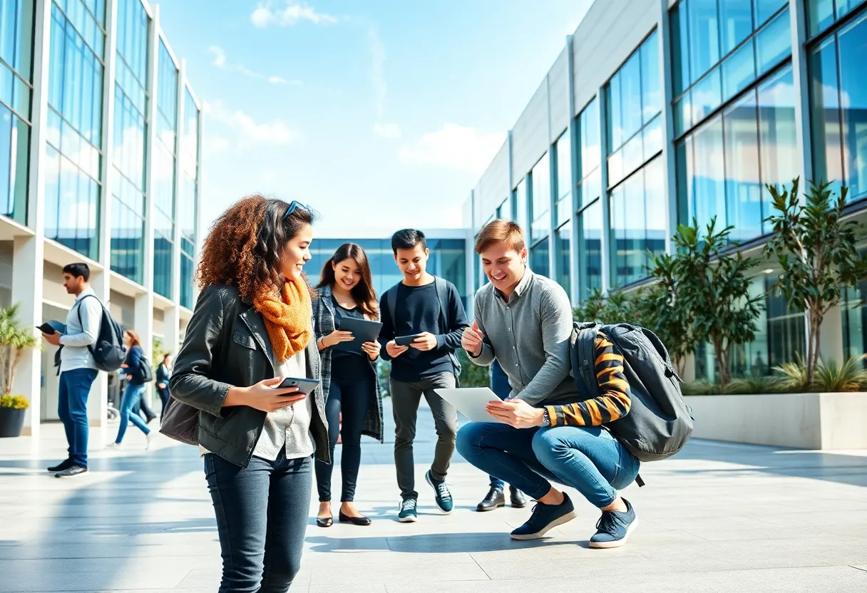 Students engaging in technology activities at university