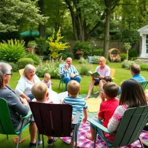 Families enjoying storytelling in a garden during Fall Story Time