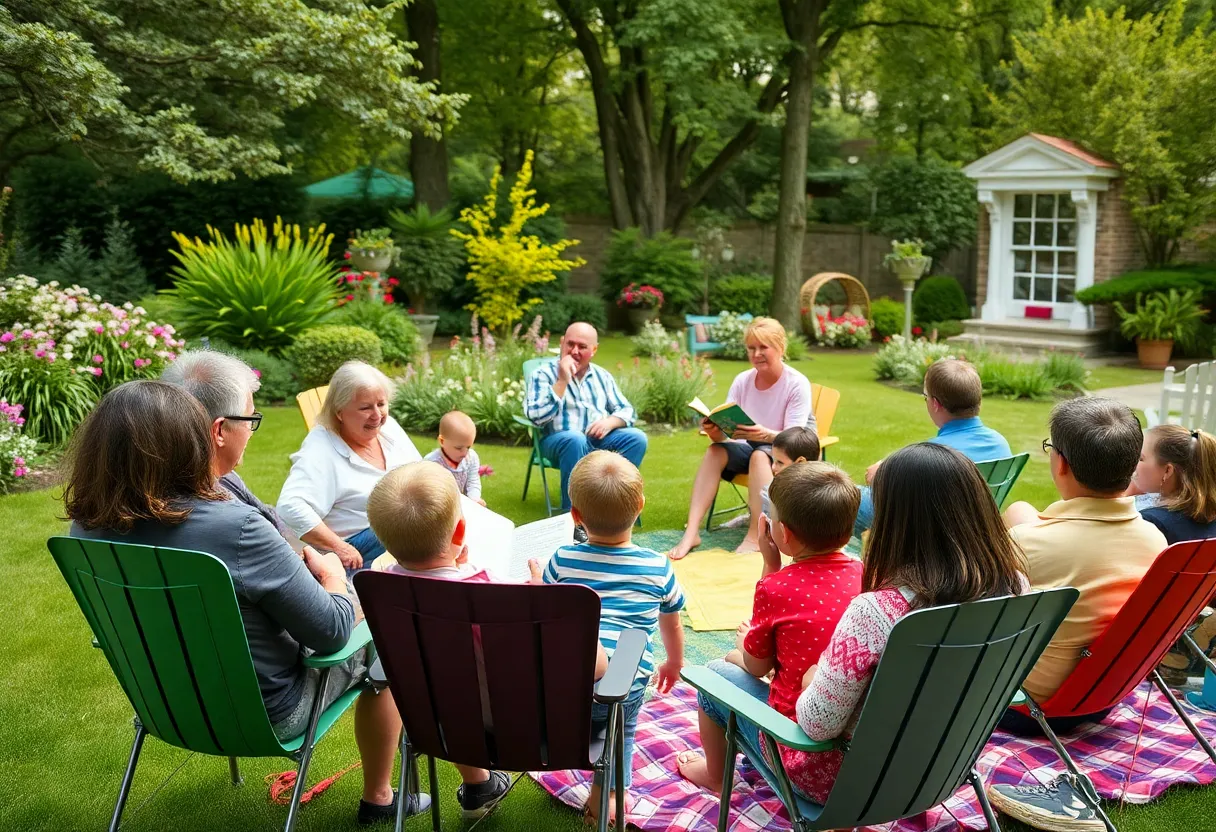 Families enjoying storytelling in a garden during Fall Story Time