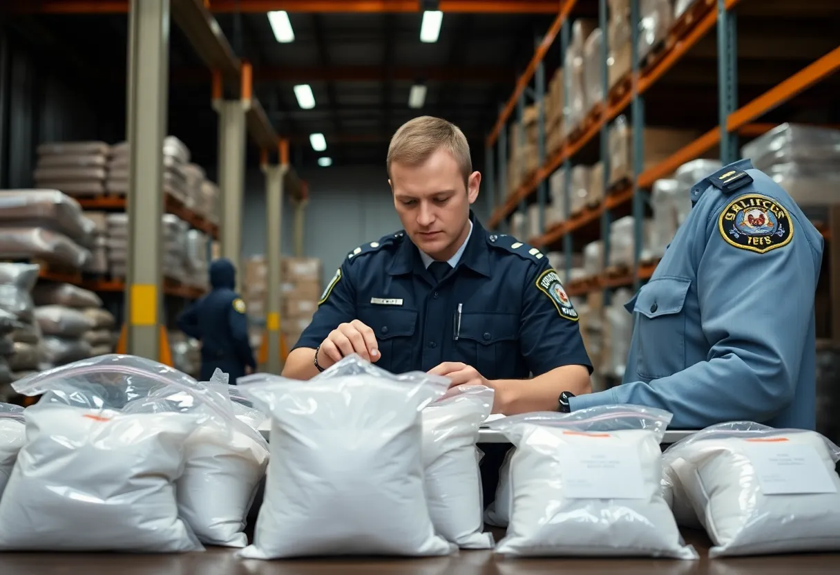 Law enforcement officers examining seized fentanyl bags.