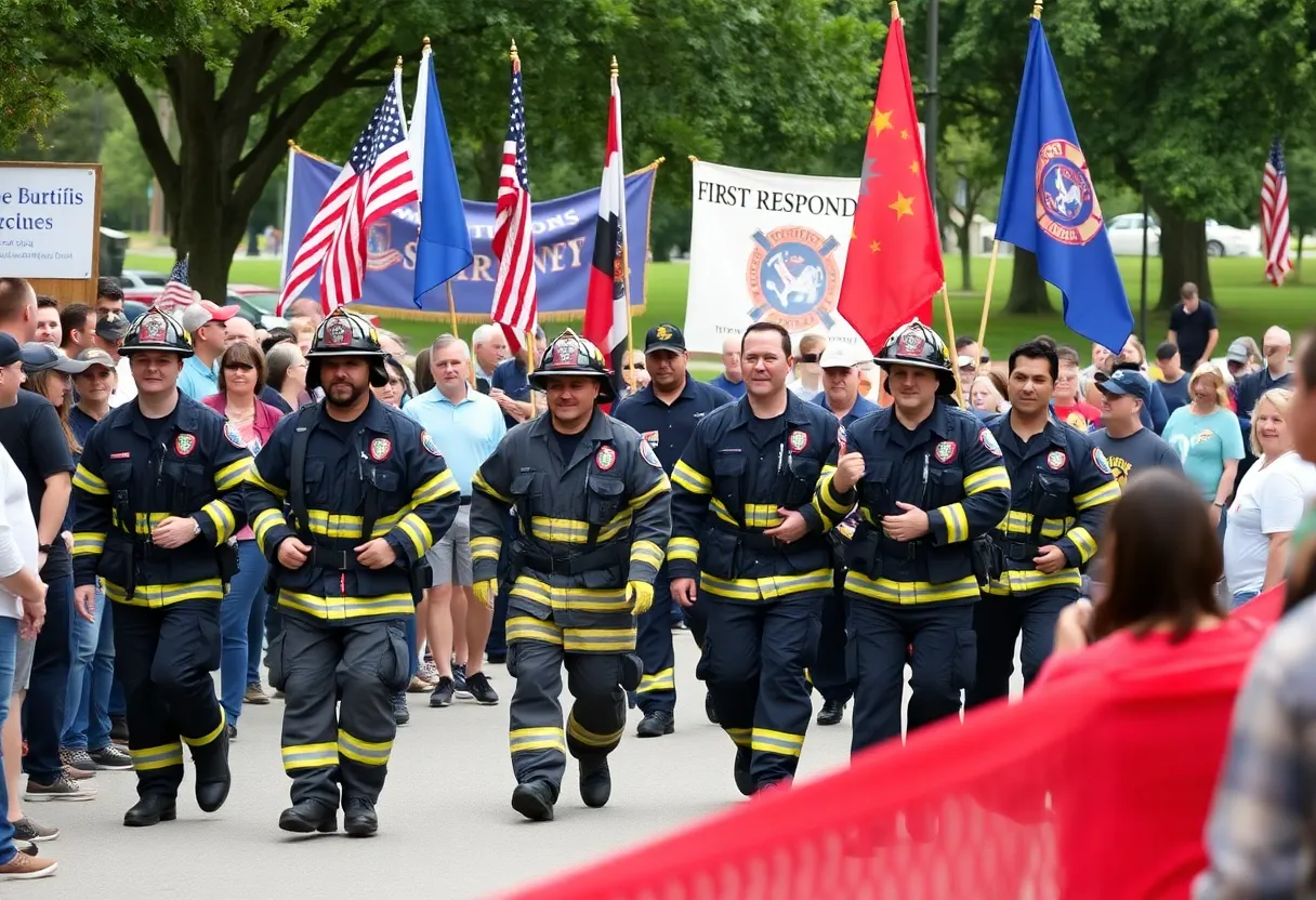 Firefighters marching in a memorial walk in Aiken, South Carolina.