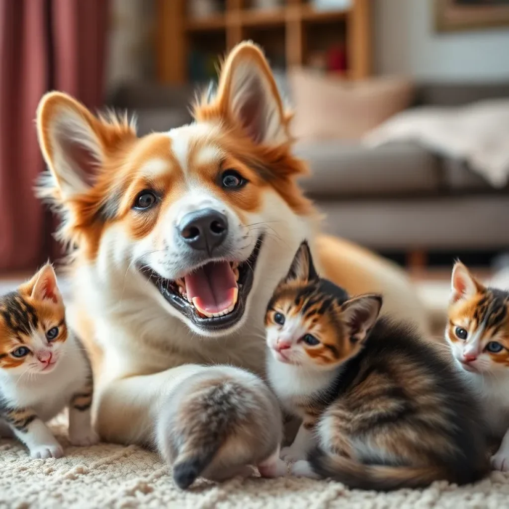 A foster dog playing with kittens in a cheerful home.
