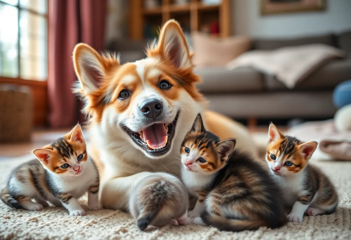 A foster dog playing with kittens in a cheerful home.