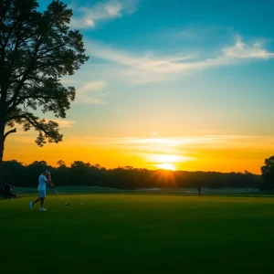 A breathtaking golf course during sunset with players on the green.