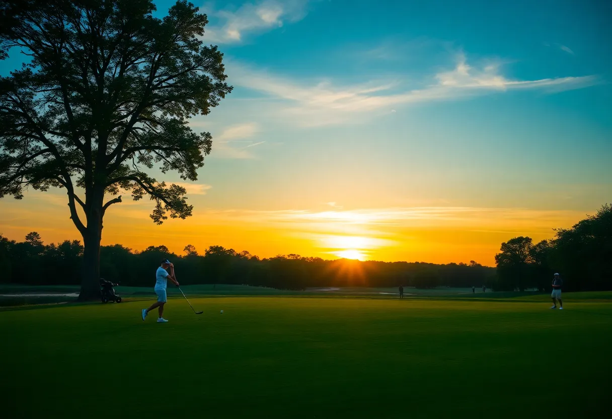 A breathtaking golf course during sunset with players on the green.