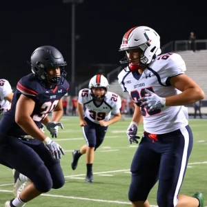 Players in a high school football game competing energetically on the field.