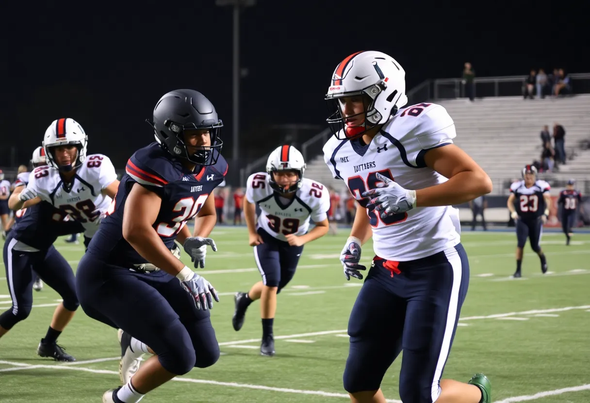 Players in a high school football game competing energetically on the field.