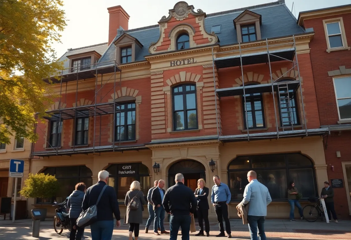 Community members discussing renovation plans outside Hotel Aiken