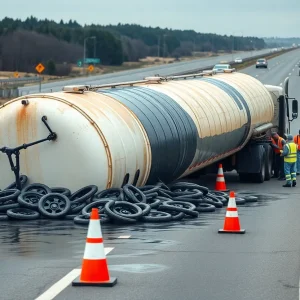 Cleanup efforts on I-20 after a tanker accident near Aiken