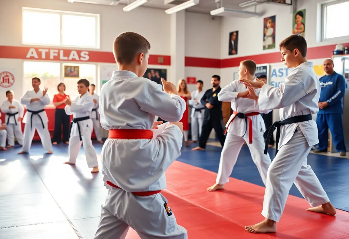 Students demonstrating karate skills during a celebration.