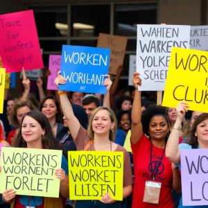 Demonstrators rallying for workers' rights at the Odell Weeks Activities Center