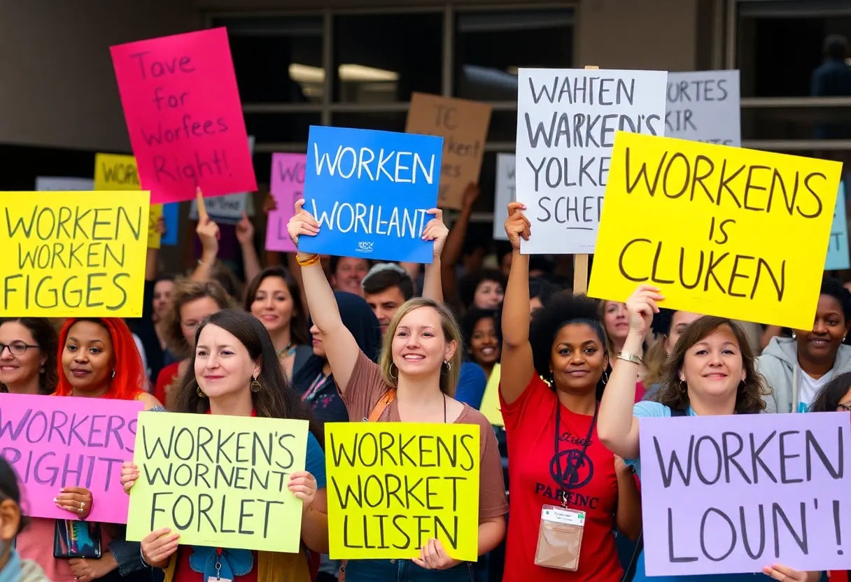 Demonstrators rallying for workers' rights at the Odell Weeks Activities Center