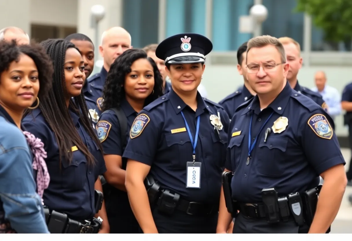 Law enforcement officers visibly displaying badges in a community