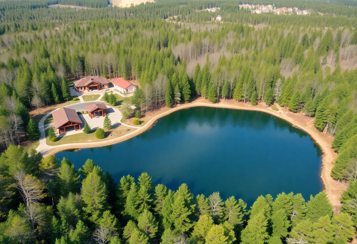 Scenic view of Misty Lake with park improvements