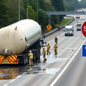 Overturned tanker truck spilling oil on highway I-20 with emergency responders nearby.