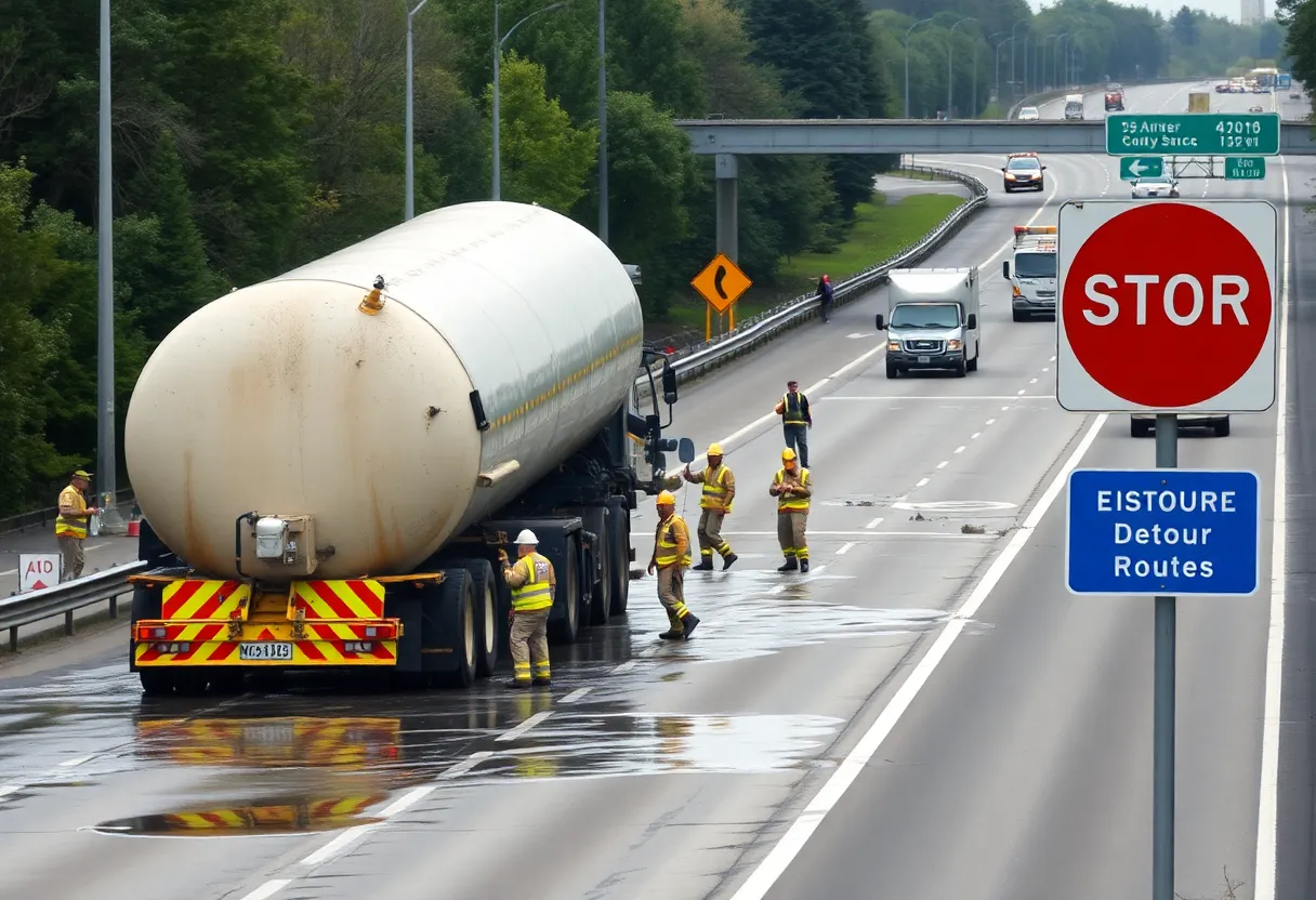Overturned tanker truck on I-20 Eastbound with emergency services responding.