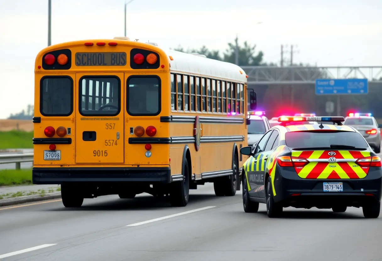A school bus on the highway with police presence