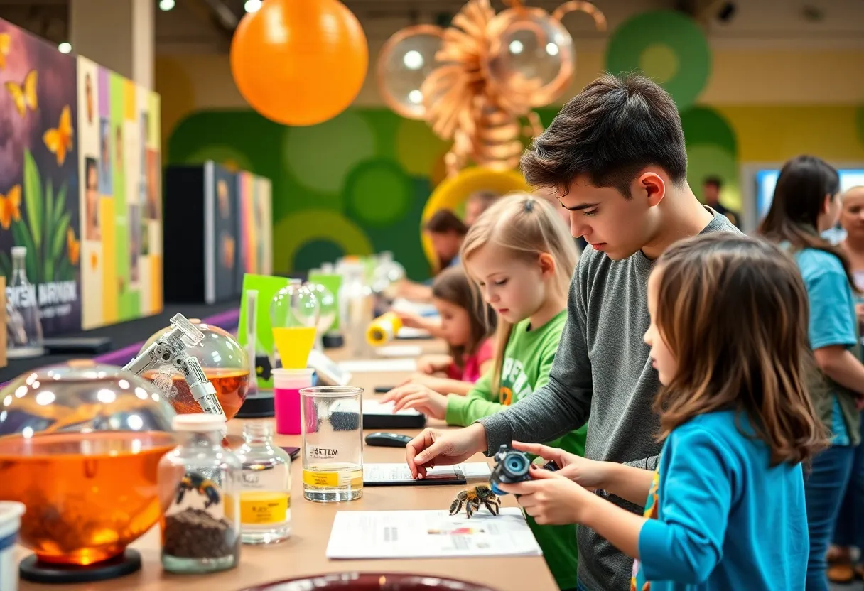 Families participating in hands-on STEM activities at the SEED STEM Festival.