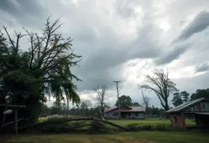 Damage from severe storms in Aiken County, with fallen trees and debris.