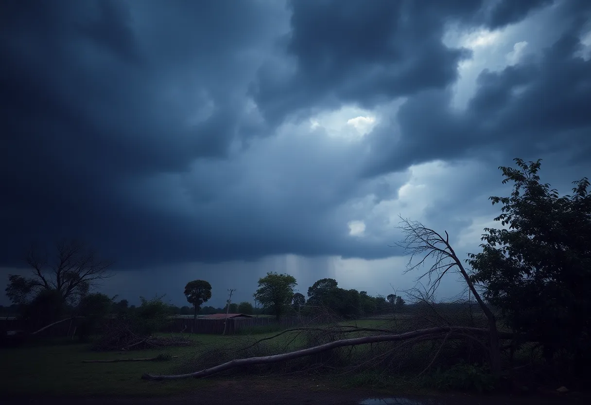 Dramatic storm clouds over a damaged area after severe weather