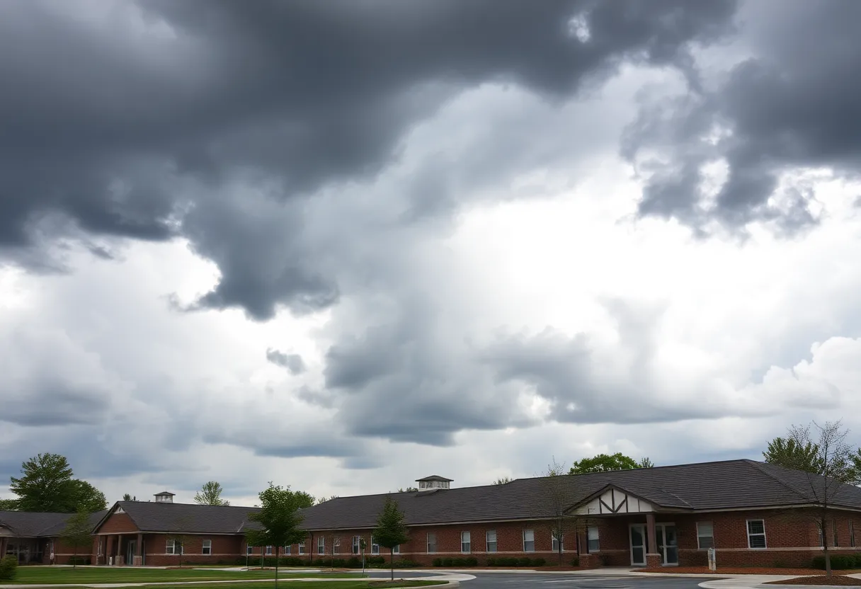 Dark stormy clouds over a school during severe weather.