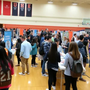 Students engaging with university representatives at South Aiken High College Fair