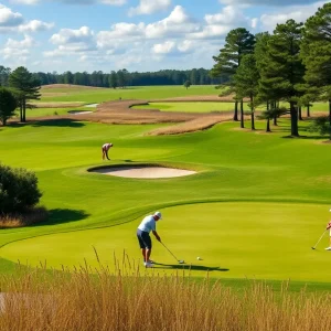 A beautiful golf course in South Carolina with golfers playing.