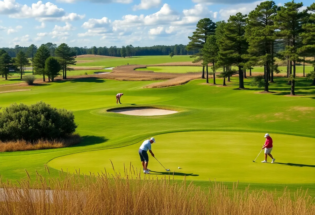 A beautiful golf course in South Carolina with golfers playing.