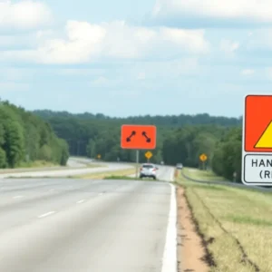 Warning sign for hands-free driving law on South Carolina highway