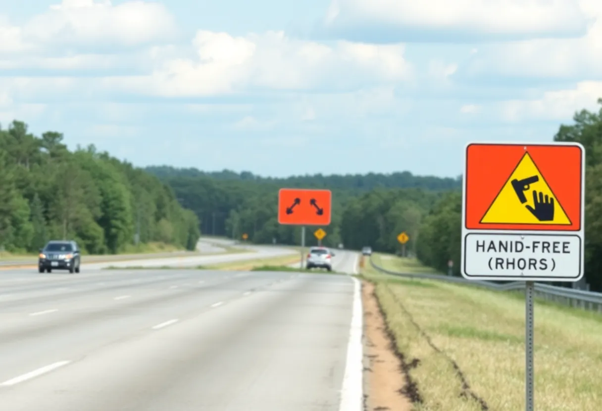 Warning sign for hands-free driving law on South Carolina highway