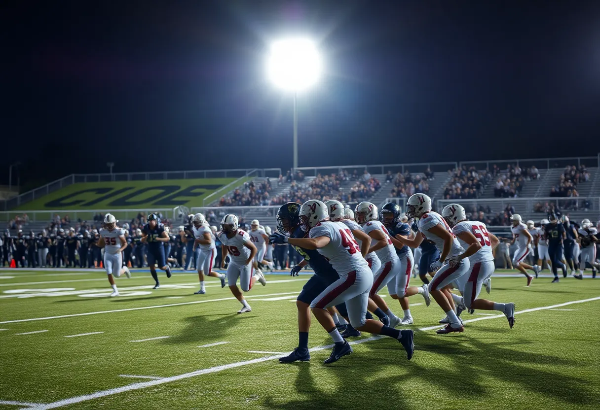 High school football players in action during a night game