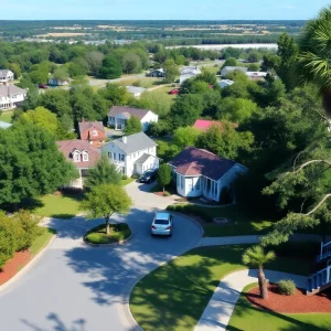 A picturesque small town in South Carolina showcasing homes and parks.