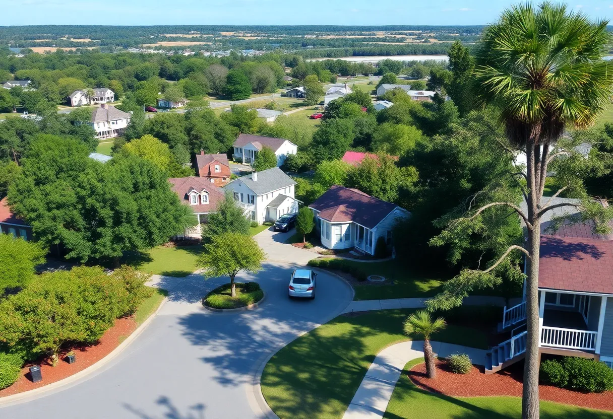 A picturesque small town in South Carolina showcasing homes and parks.
