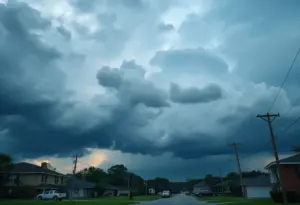 Gathering storm clouds over South Carolina with emergency preparations visible.