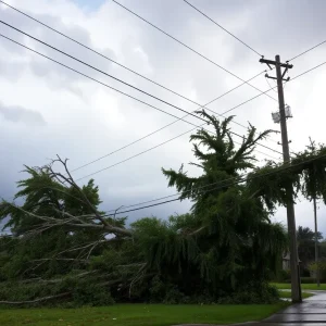 Photo of storm damage in CSRA region with fallen trees and clouded sky.