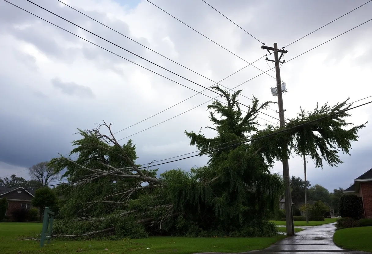 Photo of storm damage in CSRA region with fallen trees and clouded sky.