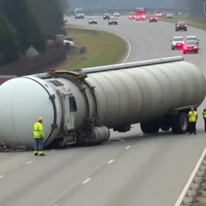Emergency responders at the scene of an overturned tanker truck on a highway