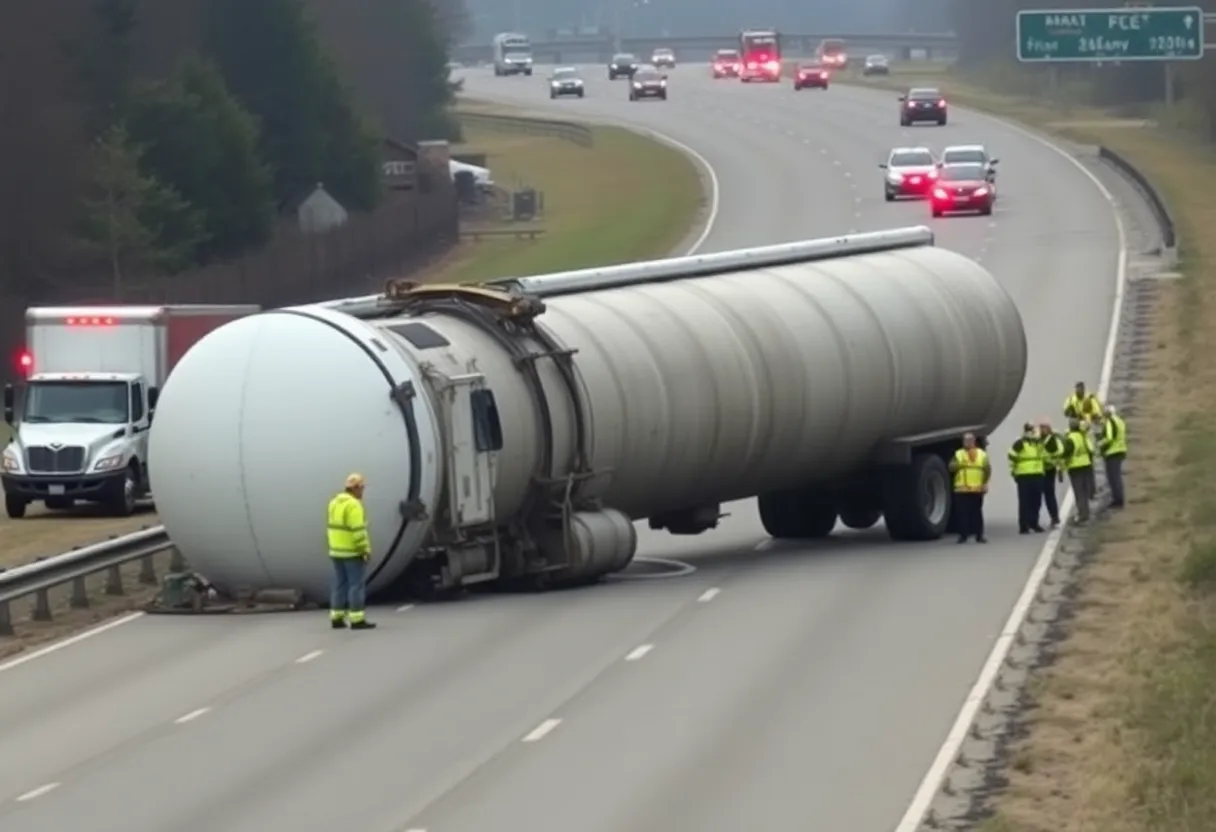Emergency responders at the scene of an overturned tanker truck on a highway